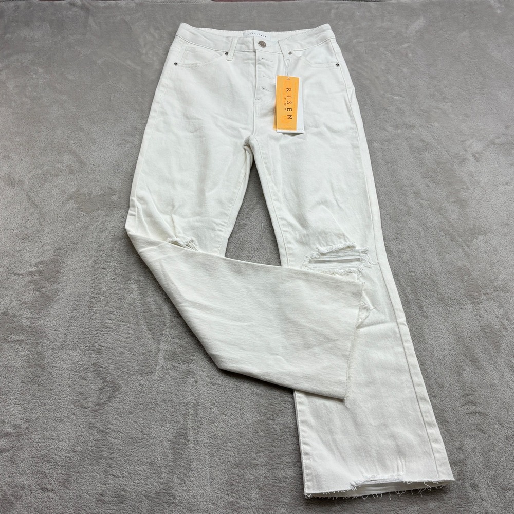 Risen White Wide Leg Jeans with Raw Hem